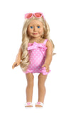 Girly Pink Polka Dot Swimsuit Set with Matching Polka Dot Sunglasses and Sandals